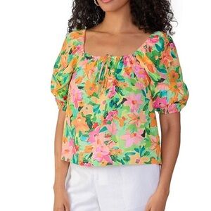 Sanctuary Perfect Time Linen-Blend Blouse Floral Print Puff Sleeve Escape S NWT